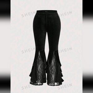 SHEIN MOD Plus Lace Panel Ruffle Trim Flare Leg Pants